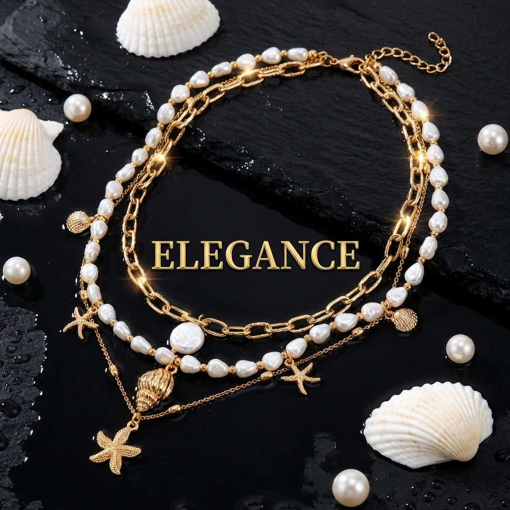 Vacation 3 Layer Starfish Conch Shell Faux Pearl Necklace Summer Beach Ocean Theme Boho Pendant Jewelry For Women