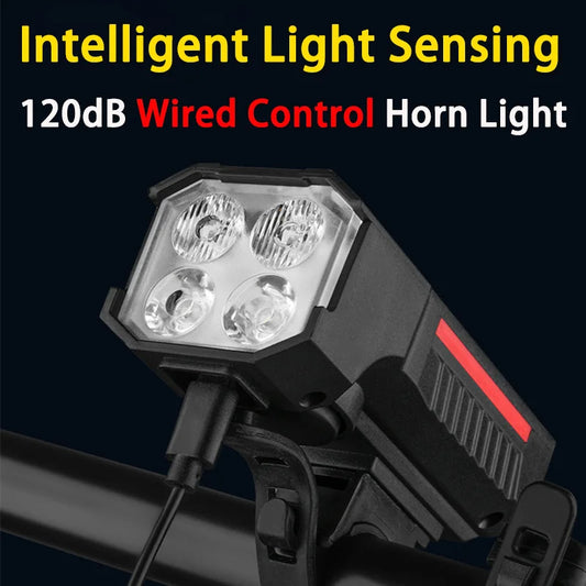 Bicycle Light Intelligent Light-sensing Bike Front Lamp with High-decibel Horn Solar/Type-c Charging Headlight LED Cycling Parts