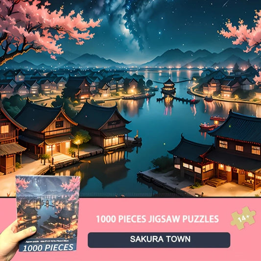 1000pcs Sakura Town Jigsaw Puzzle – 50x70cm, Durable DIY Art Deco Frameless Canvas, Perfect Birthday Gift, Artistic Decoration