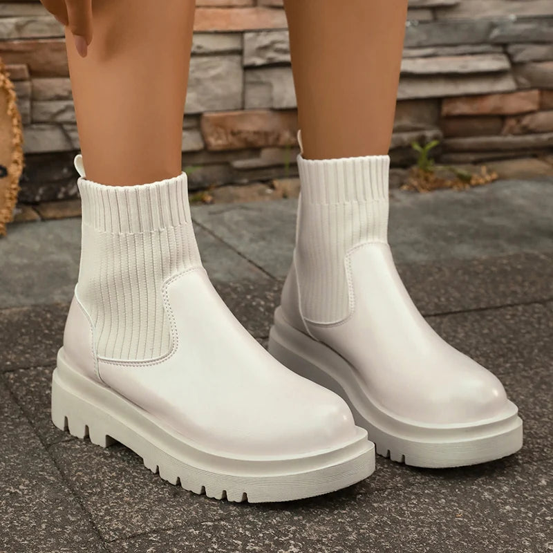 Women's Slip-On Chunky Platform Boots Knitted Patchwork Pu Leather Thick Sole Boots Woman Comfy Non Slip Chelsea Botas Mujer