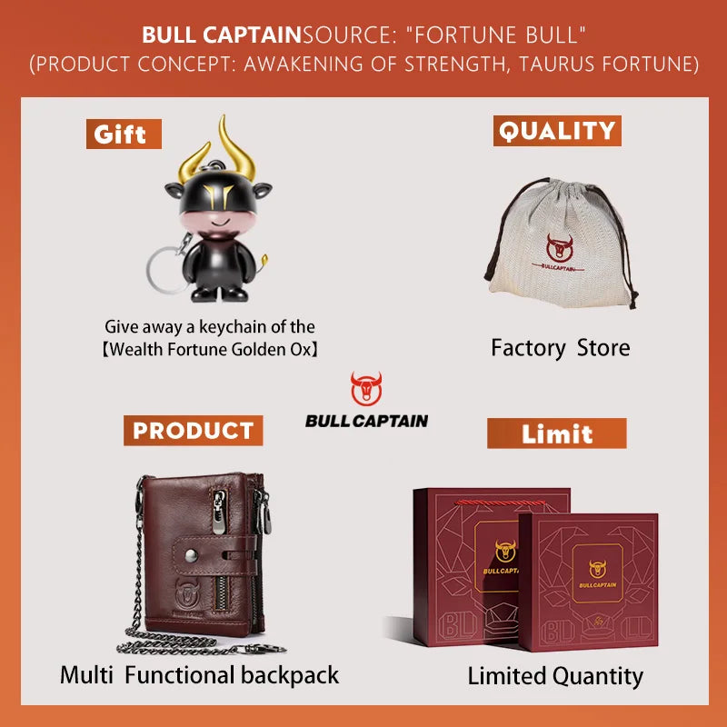 BULLCAPTAIN Gift Box Men's Genuine Leather Wallet Multi-Function RFID Anti-theft Iron Chain Card Bag Comes With Coin Coin Wallet
