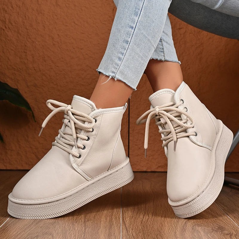 Fashion Lace Up Platform Snow Boots Women Anti Slip Warm Thicken Plush Ankle Boots Woman Thick Sole High Cotton Shoes 36-41
