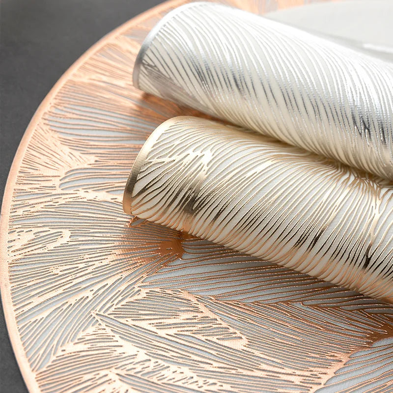 4pcs Round PVC Heat-Resistant High Quality Placemats, Elegant Golden Leaf Design, Leakproof Table Protectors for Dining, Kitchen