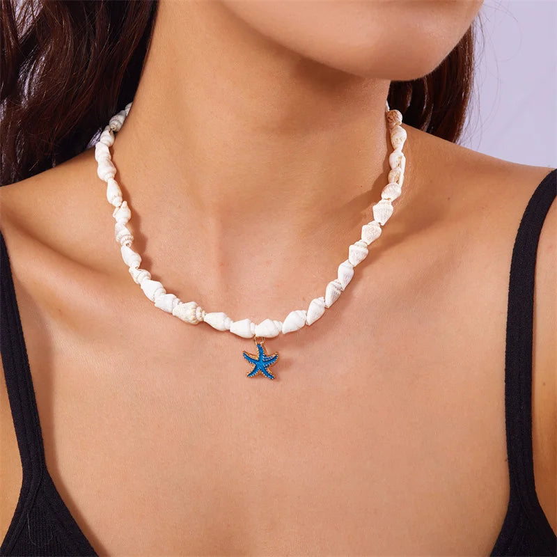 Summer Beach Style Shell Starfish Pendant Necklace for Women Handmade Seashell Conch Beaded Choker Necklace Boho Party Jewelry