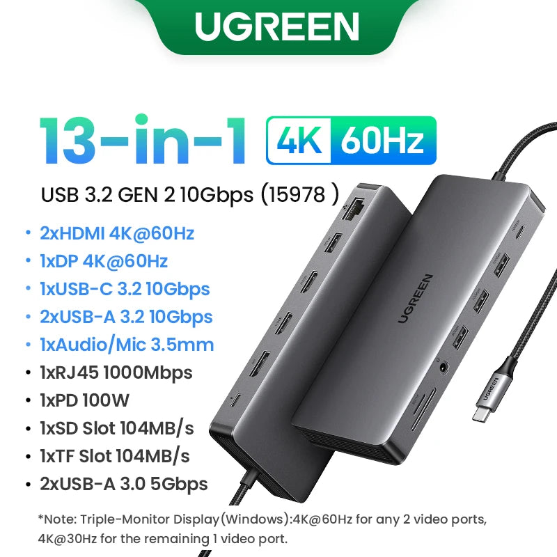 UGREEN USB-C HUB 9-in-1 Type-C to 4K60Hz HDMI 10Gbps Data 1000Mbps RJ45 PD100W SD&TF for Laptop Accessories MacBook DELL iPad HP