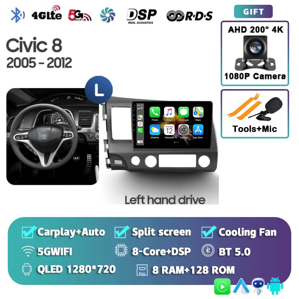 For Honda Civic 8 2005 - 2012 Android 15 Carplay Auto 4G WIFI Car Radio Multimedia Stereo Video Player GPS Navigation Plug and P