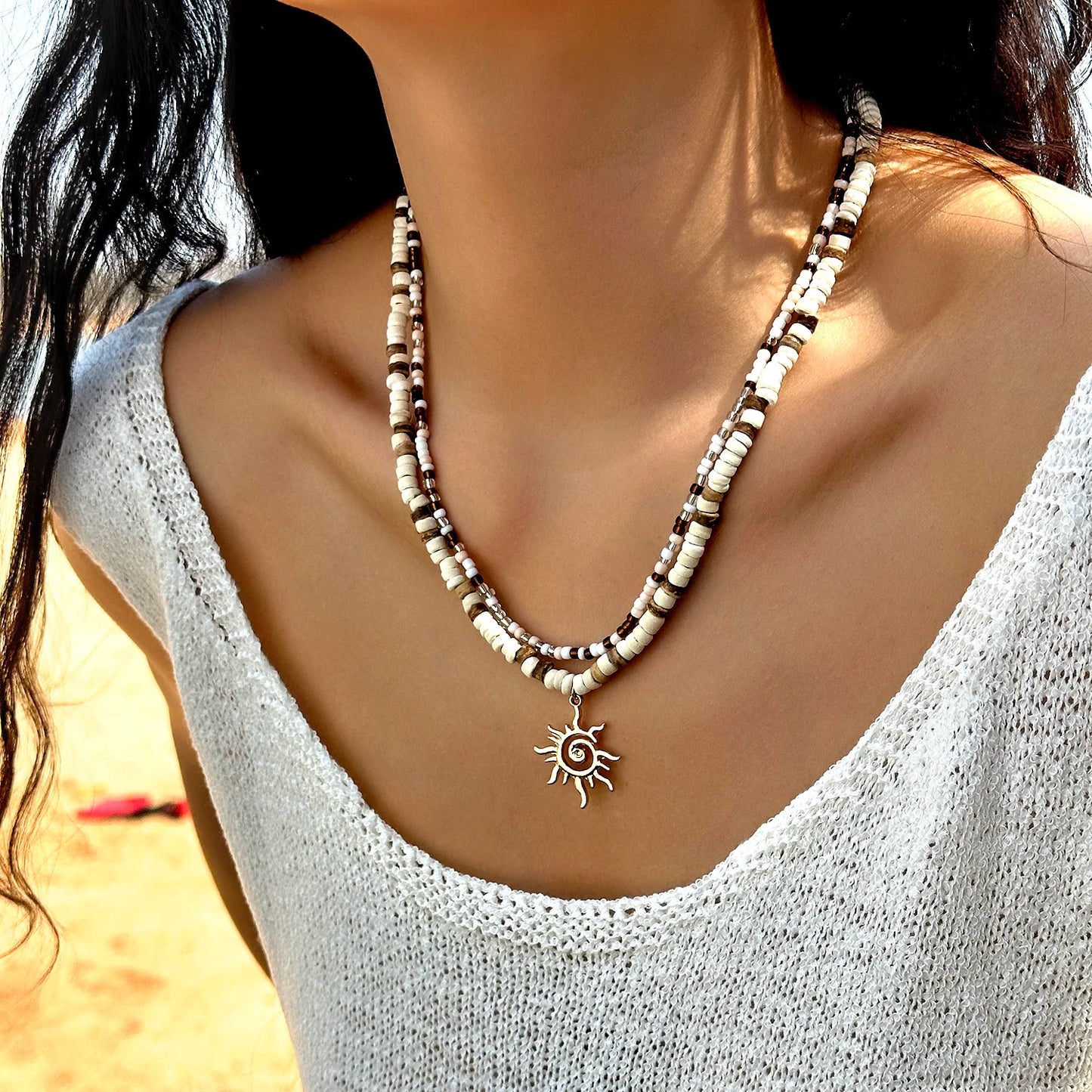 2pcs Boho Coconut Wood Beads Sun Pendant Necklace for Women Ethnic Style Rice Beads Statement Necklace Summer Beach Jewelry Gift