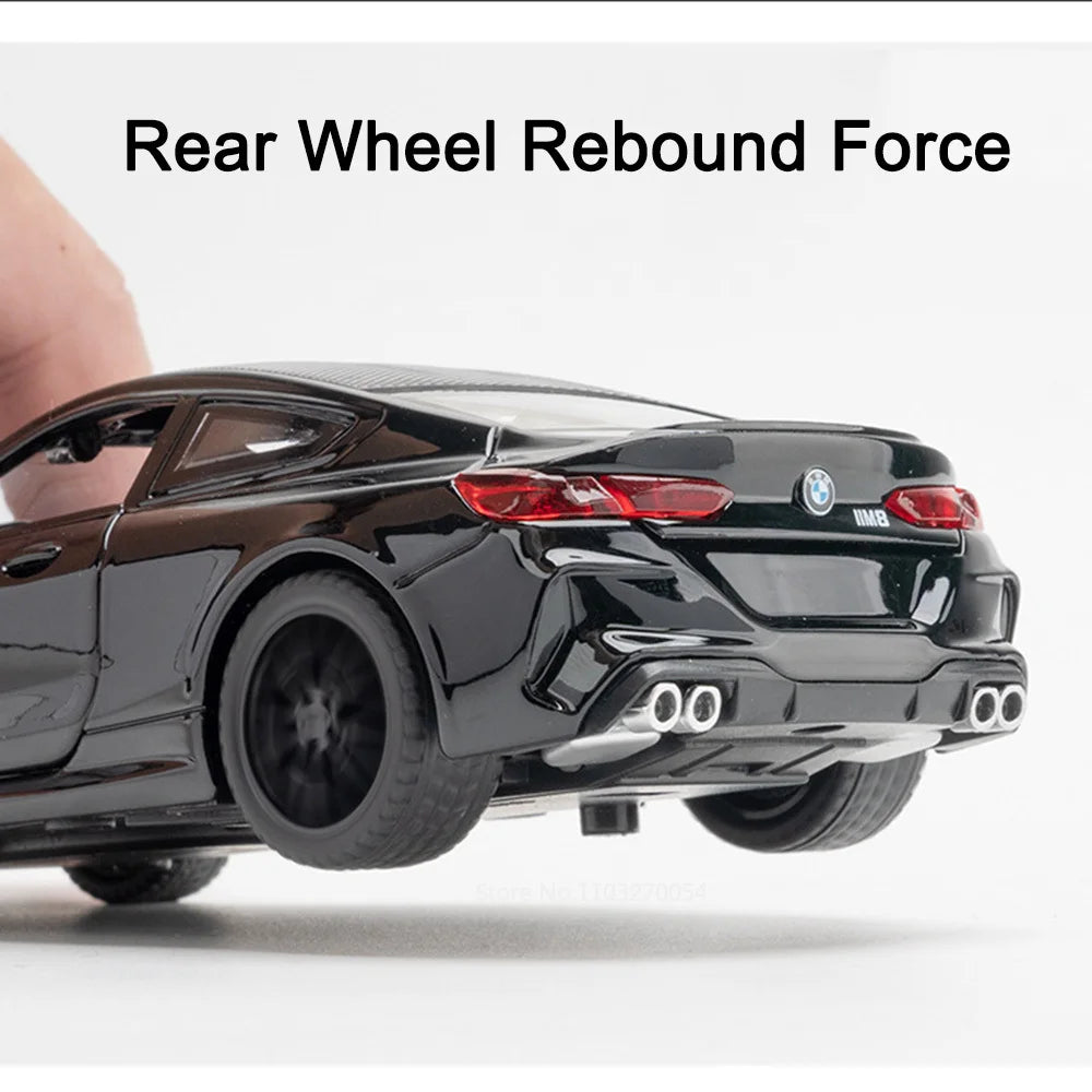 1/32 M8 Miniature Alloy Diecast Toys Car Model Sports Cars 4 Door Can Opened Sound Light Pull Back Vehicle Kids Festival Gift