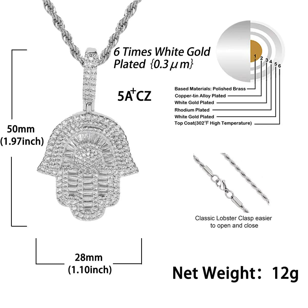 Micro Iced Out Baguette Hamsa Hand Pendant w/ 24" Tennis/Rope Chain Necklaces