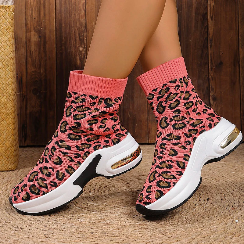 Fashion Leopard Print Platform Ankle Boots Women Comfy Slip On Breathable Knitted Boots Woman Plus Size 35-43 Wedges Short Boots
