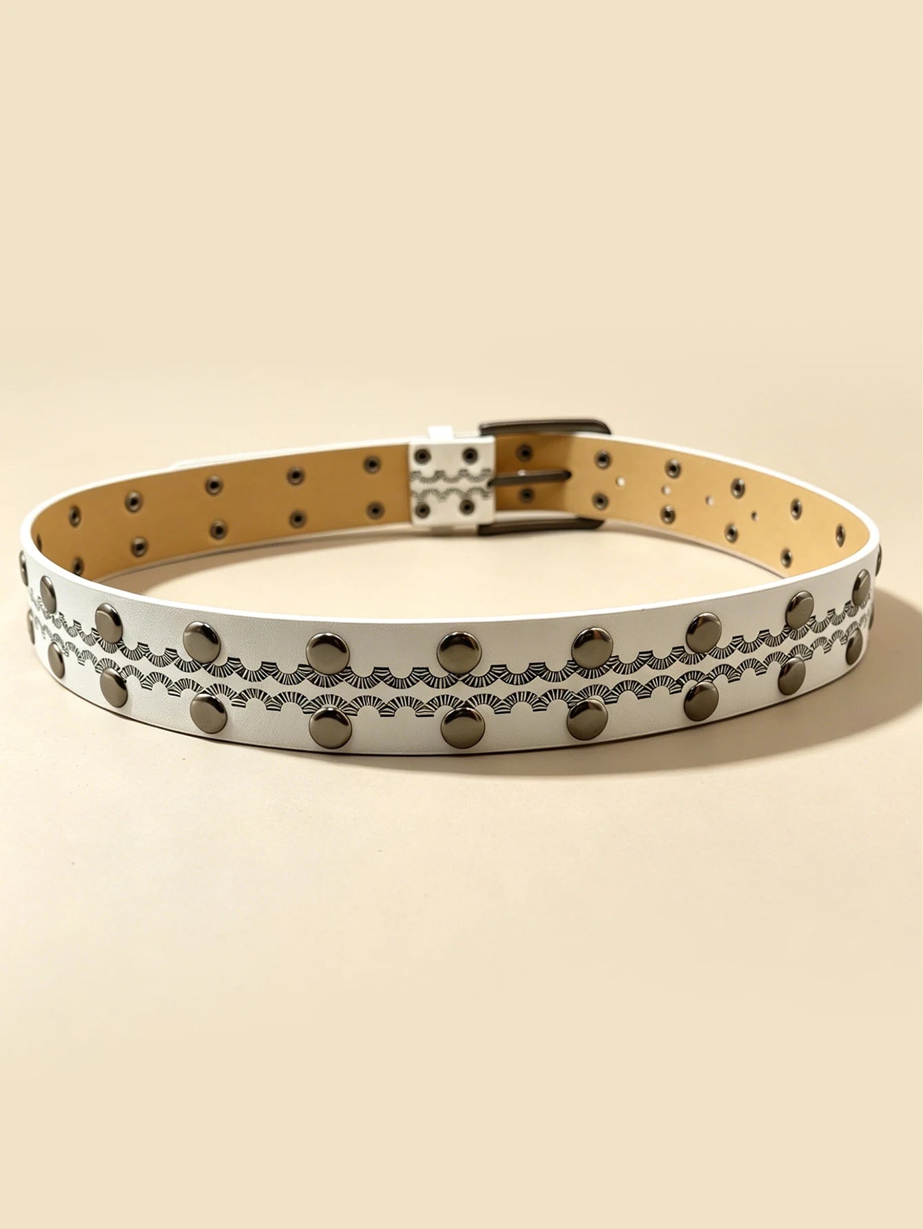 White Vintage Rivet Printed Belt, Gunmetal Square Buckle Embossed Unisex Casual Waistband