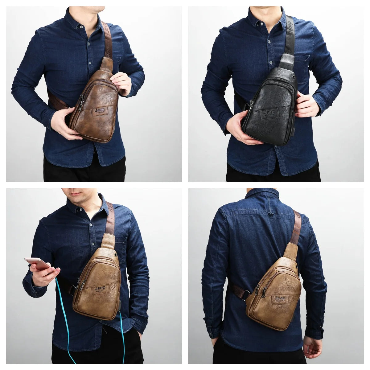 JEEP BULUO Men's Leather Chest Bag Sling Crossbody Shoulder Travel Outdoors