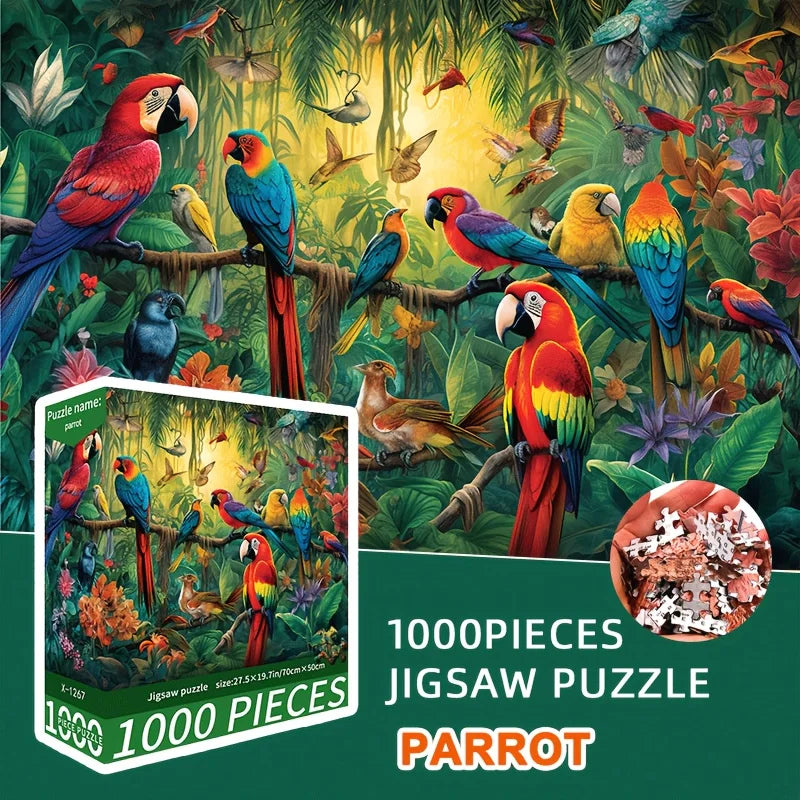 70x50cm (27.5"x19.7") Adult Jigsaw Puzzle - Vibrant Parrot Family Art, 1000-Piece Challenging Puzzle for Adults Lettered Back