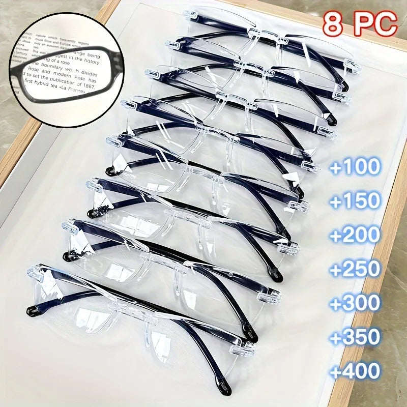 8pcs High-Definition Blue Light Blocking Reading Glasses - Rimless, Anti-Eyestrain, Glare Protection, +1.0 to +4.0
