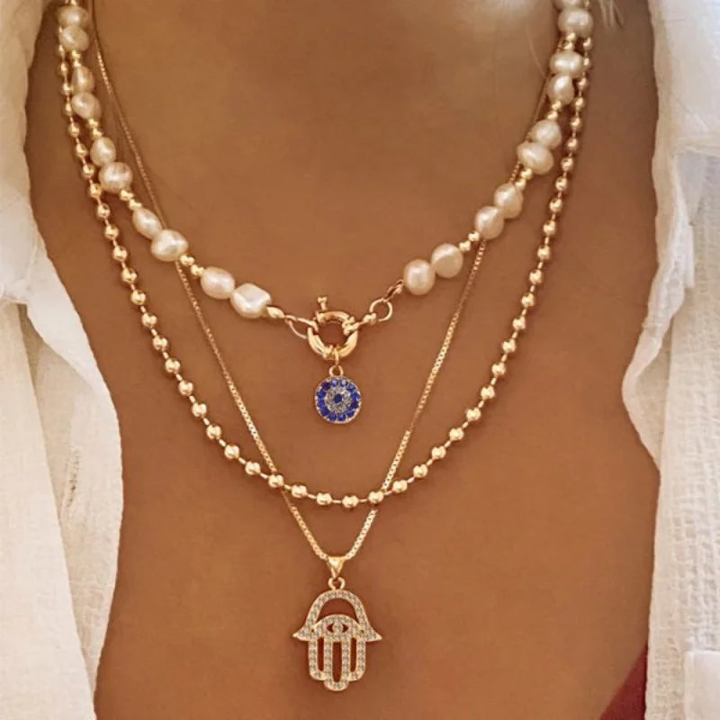 Classic Turkish Evil Eye Pendant Necklace for Women Men Vintage Lucky Blue Eyes Palm Sun Multilayer Neck Chain Choker Jewelry