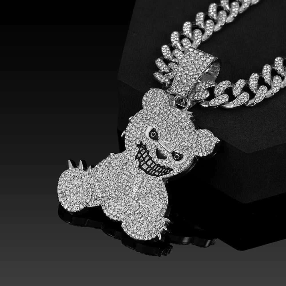 Men Women Hip Hop Bear Shape Pendant Necklace with 13mm Crystal Cuban Chain Iced Out Bling Bling Necklaces HipHop Punk Jewelry