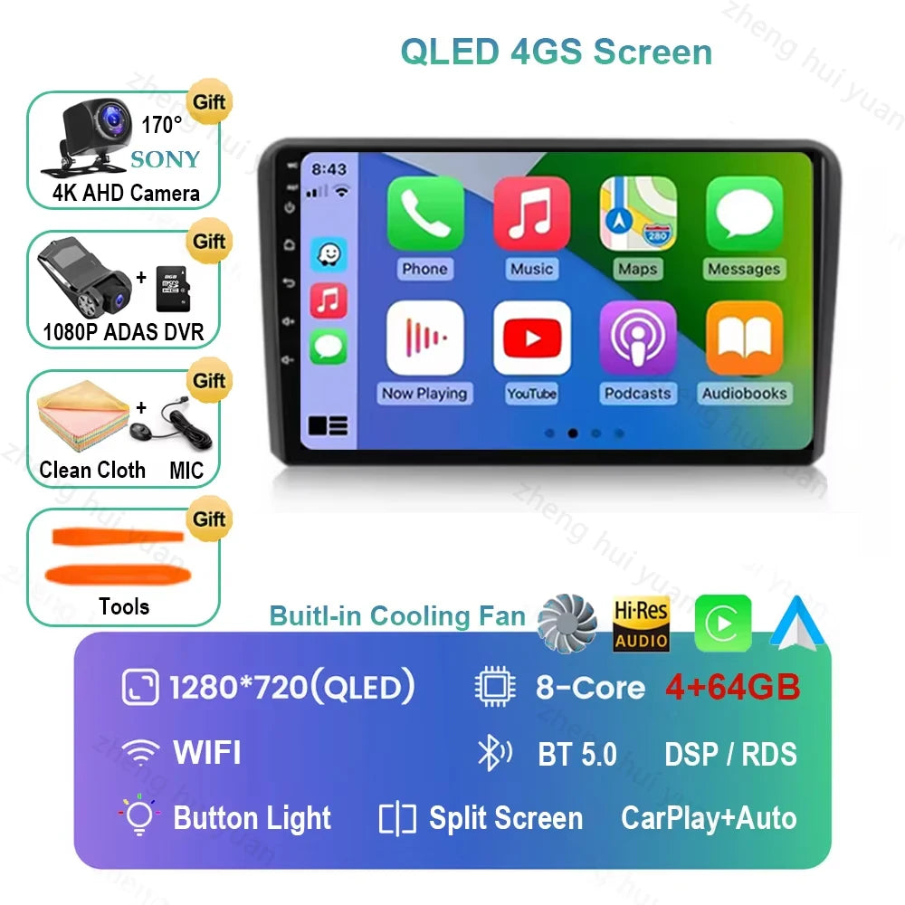 For Audi A3 8P 2003 2004 - 2013 Android 16 GPS WIFI 4G Carplay&Auto Car Radio Navigation QLED Multimedia Stereo Player BT