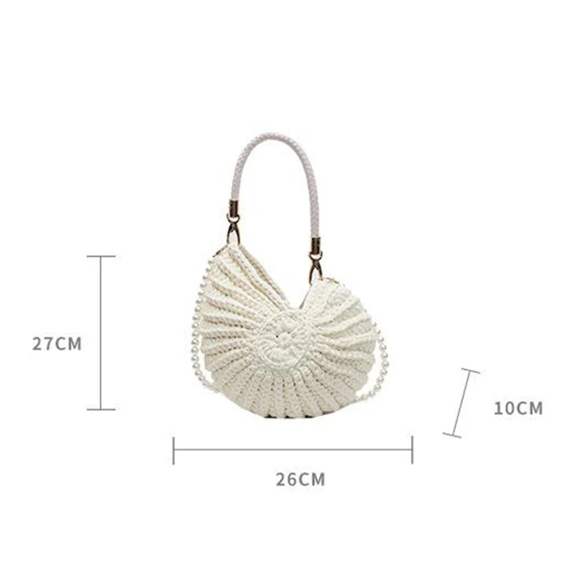 White Conch Shell Knit Crossbody Shoulder Bag Pearl Chain Woven Women Classy Bag