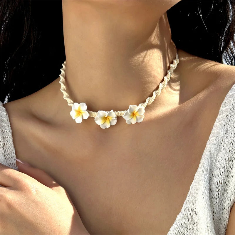 Bohemia Polymer Clay Beaded Flower Necklace for Women Handmade Woven Rope Chain Choker Necklace Summer Beach Jewelry Accessories