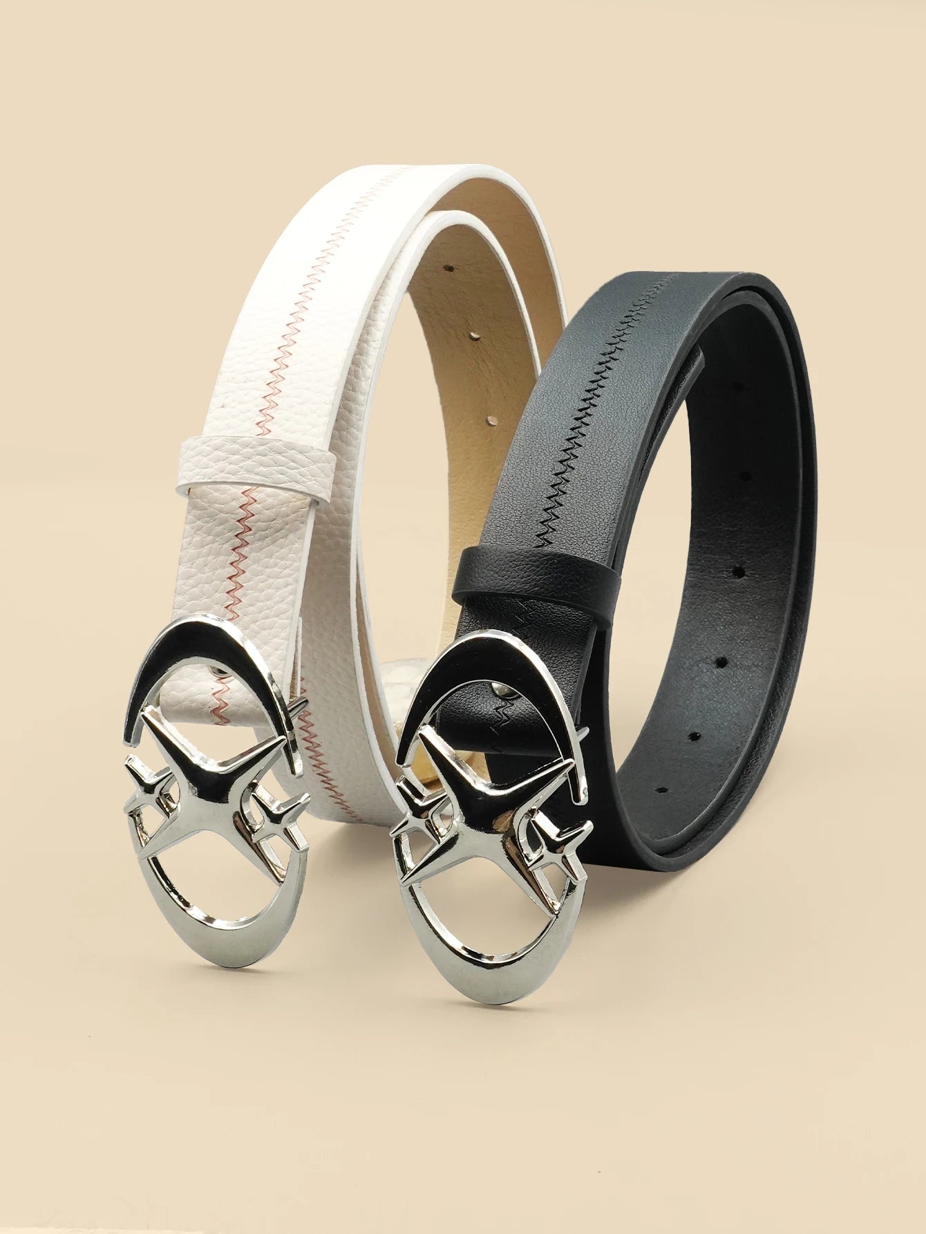 Black and White Striped Women's Belt with Star Creative Design Y2K Style Buckle for Daily Commuting, Dating, Leisure Decoration