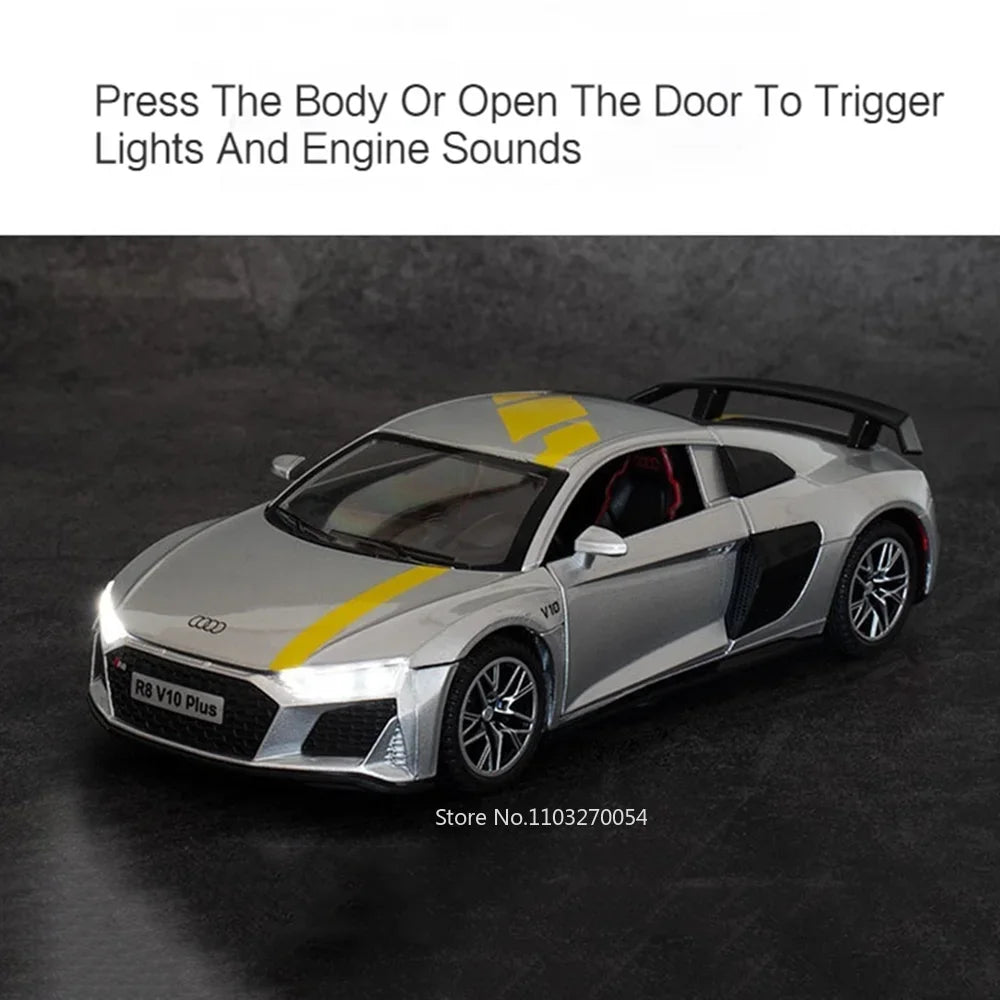 1:32 R8 V10 PLUS E-TRON Car Model Toys Alloy Diecast Vehicles Rubber Tires with Sound Light Pull Back Toy Birthday Gifts for Kid