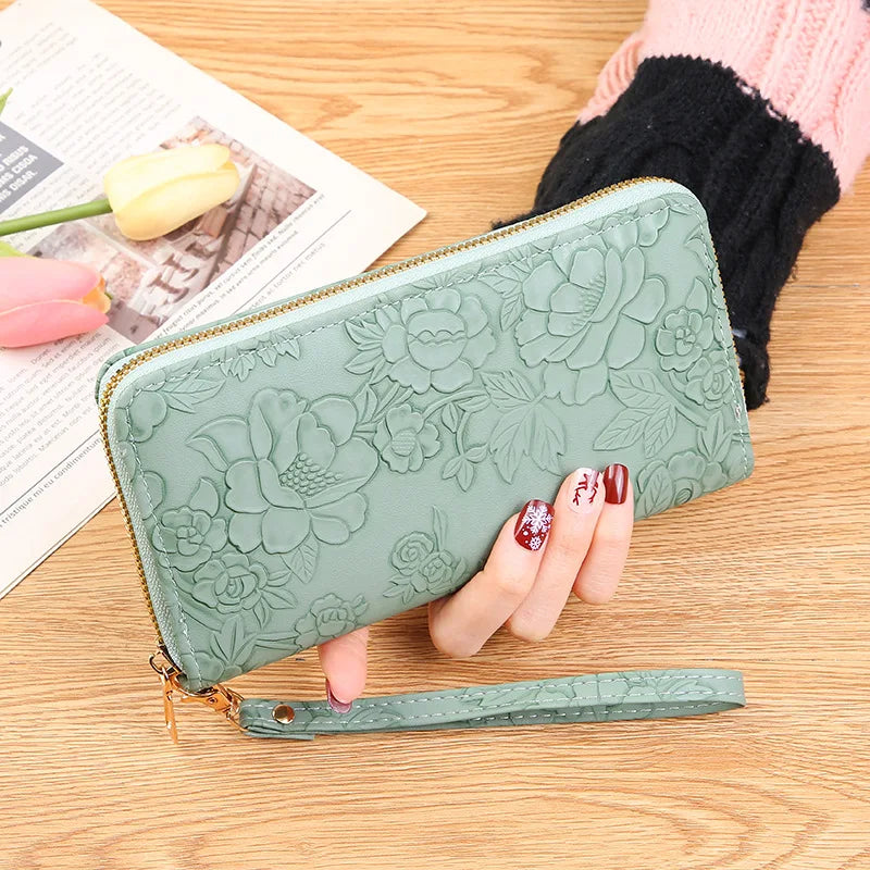 2026 New Floral Embossed Long Wallet PU Leather Credit Card Holder Simple Trendy Phone Bag Coin Purse for Women Hand-held Wallet