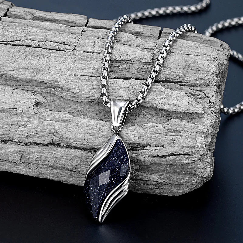 Stylish Blue Sandstone Necklace for Men,Stainless Steel Black Agate Angel Eye Pendant Necklace,Trendy Gifts to Him Boys