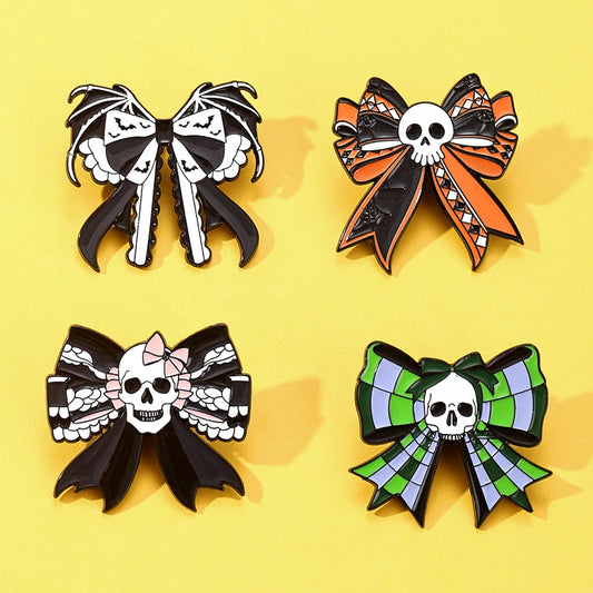 4 Pcs Gothic Skull Bow Enamel Pin Bat Wing Checkered Ribbon Bow Lapel Brooches Punk Dark Skeleton Jewelry for Backpack Jacket De