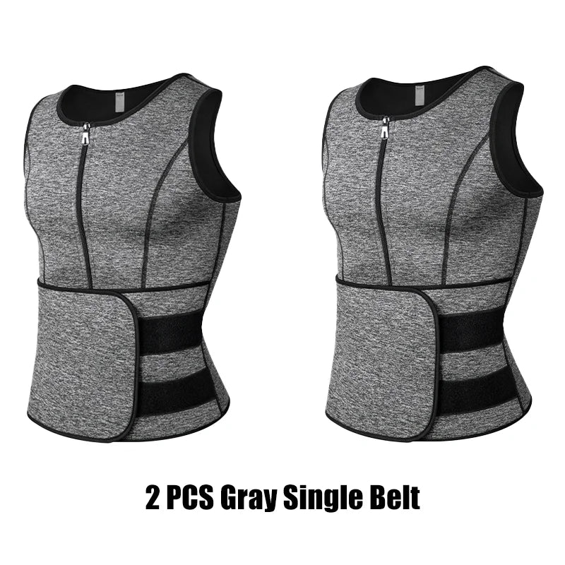 2PC 2 Straps Grey Men Waist Sauna Vest Body Compression Tank Fat Burner Shirt