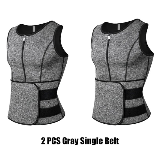 2PC 2 Straps Grey Men Waist Sauna Vest Body Compression Tank Fat Burner Shirt
