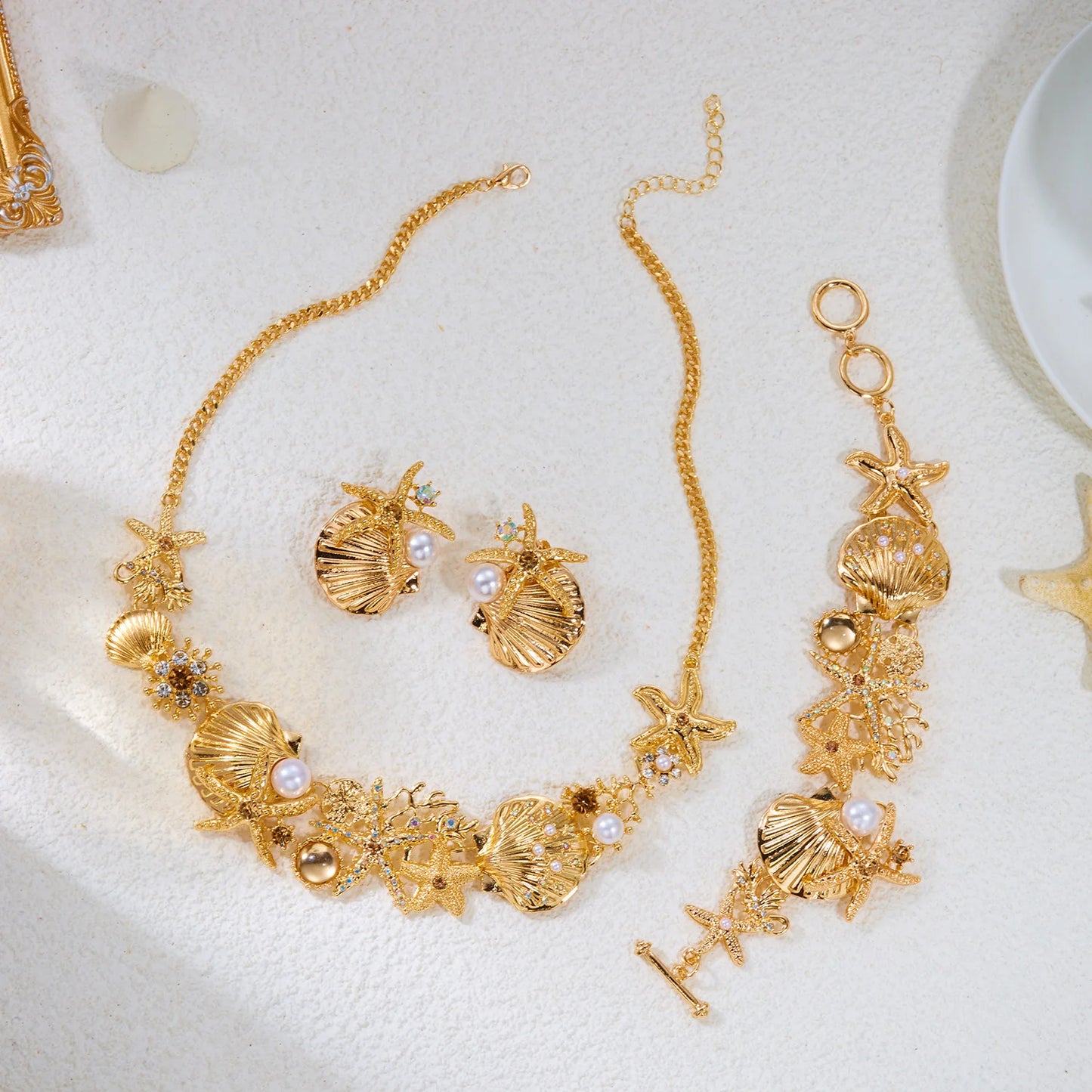 Mermaidcore Statement Gold Ocean Jewelry Set Women Chunky Starfish Shell Coral Pearl Crystal Necklace Bracelet Earrings Resort G