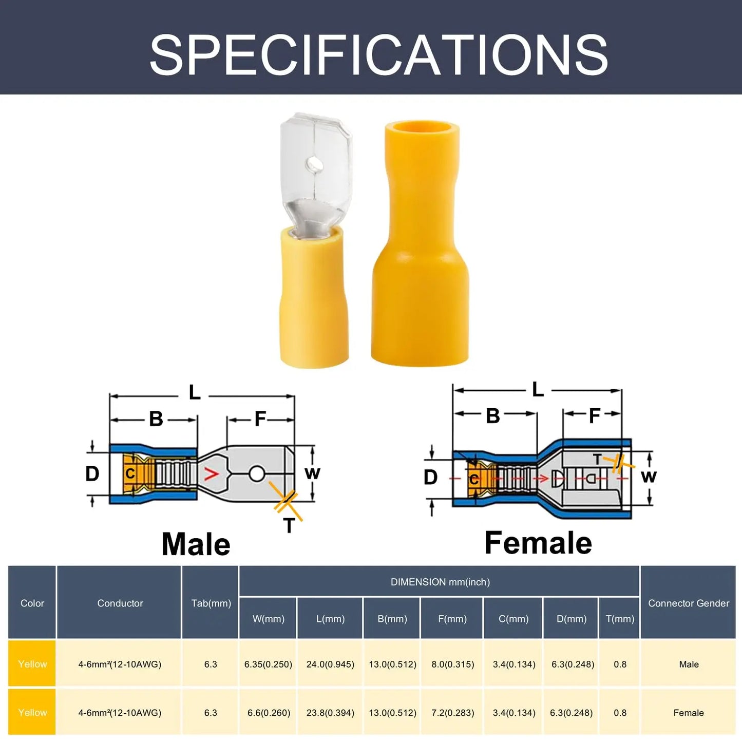 60/80pcs male female insulated spade connector, 6.3mm 1/4" 22-16/16-14/12-10 awg- electrical quick disconnect wire connectors