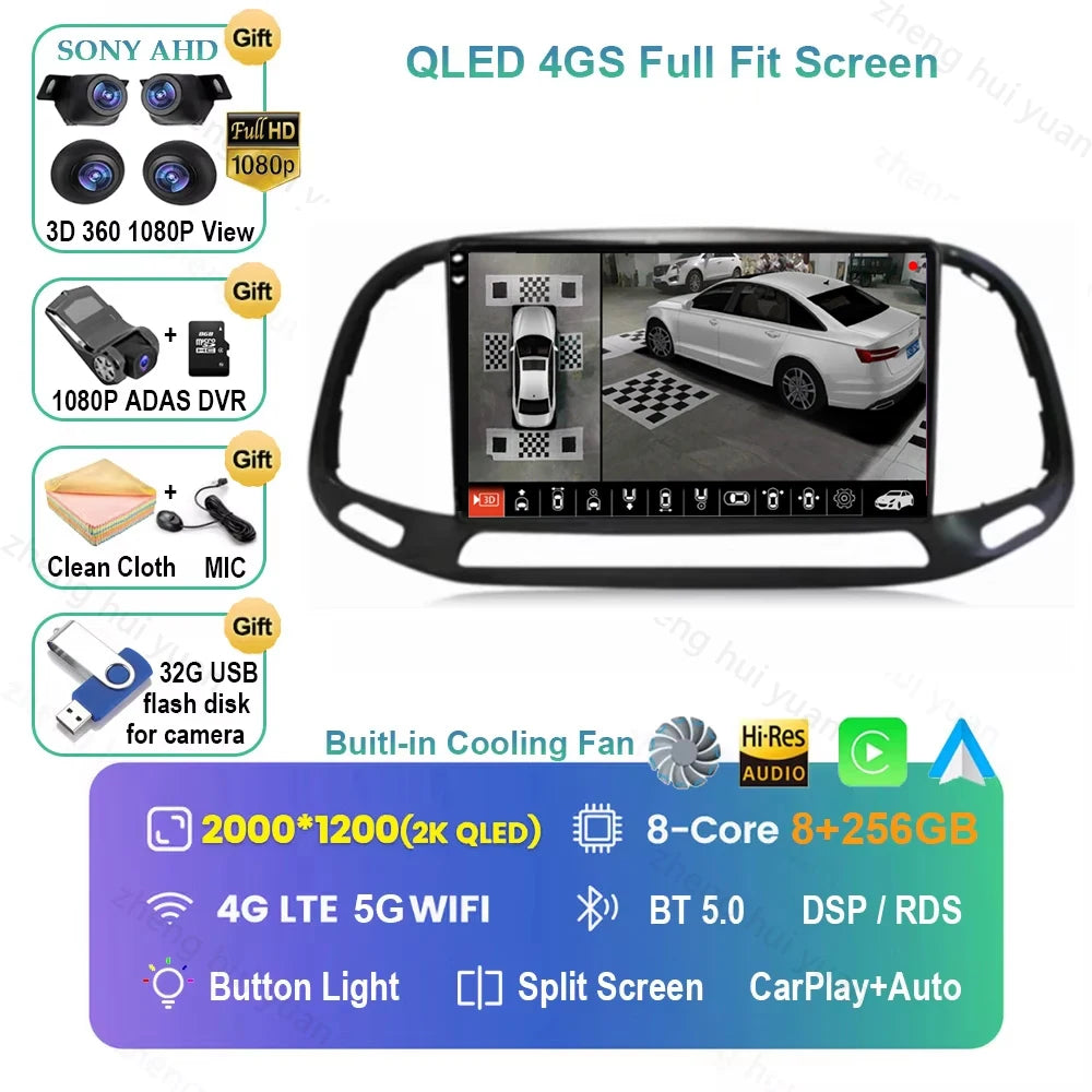 For Fiat Doblo 2015 - 2018 2019 2020 Android 16 GPS WIFI 4G Carplay&Auto Car Radio Navigation QLED Multimedia Stereo Player BT
