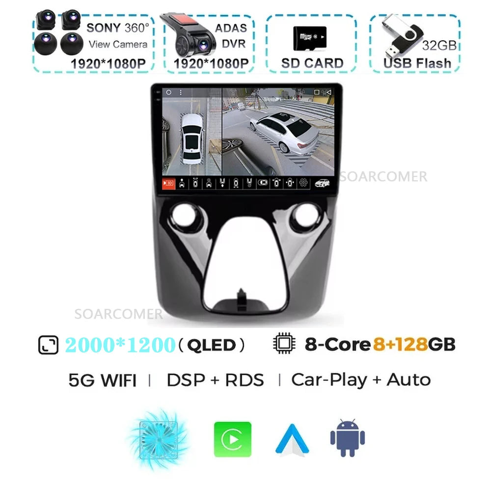 Android 15 For Peugeot 108 Toyota Aygo B40 2013-2021 Citroen C1 2K QLED Android Car Radio Multimedia Video Player GPS 4G stereo