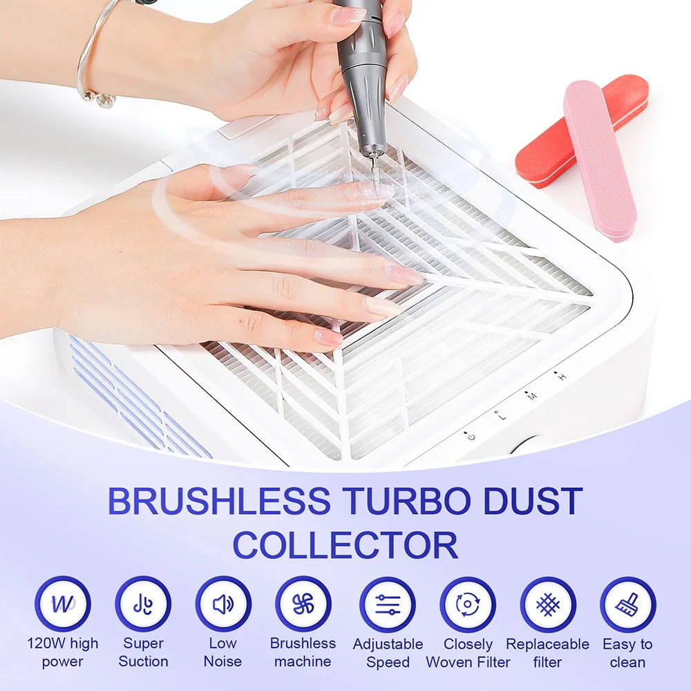 120W Powerful Nail Dust Collector With 2 Filter Super Suction Brushless Nail Dust Extractor Nail Art Manicure Fan Vacuum Cleaner