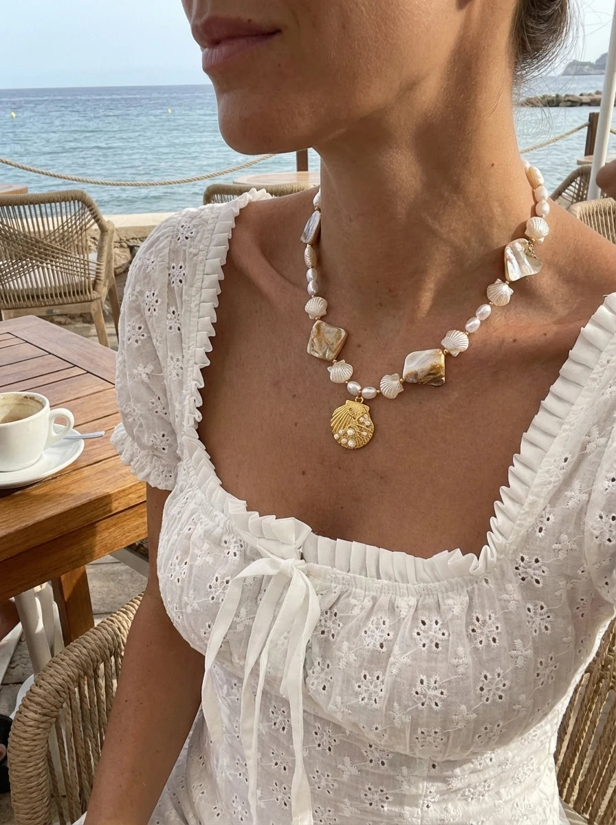 Bohemian Ocean Shell Faux Pearl Pendant Necklace Summer Beach Vacation Choker Fashion Jewelry