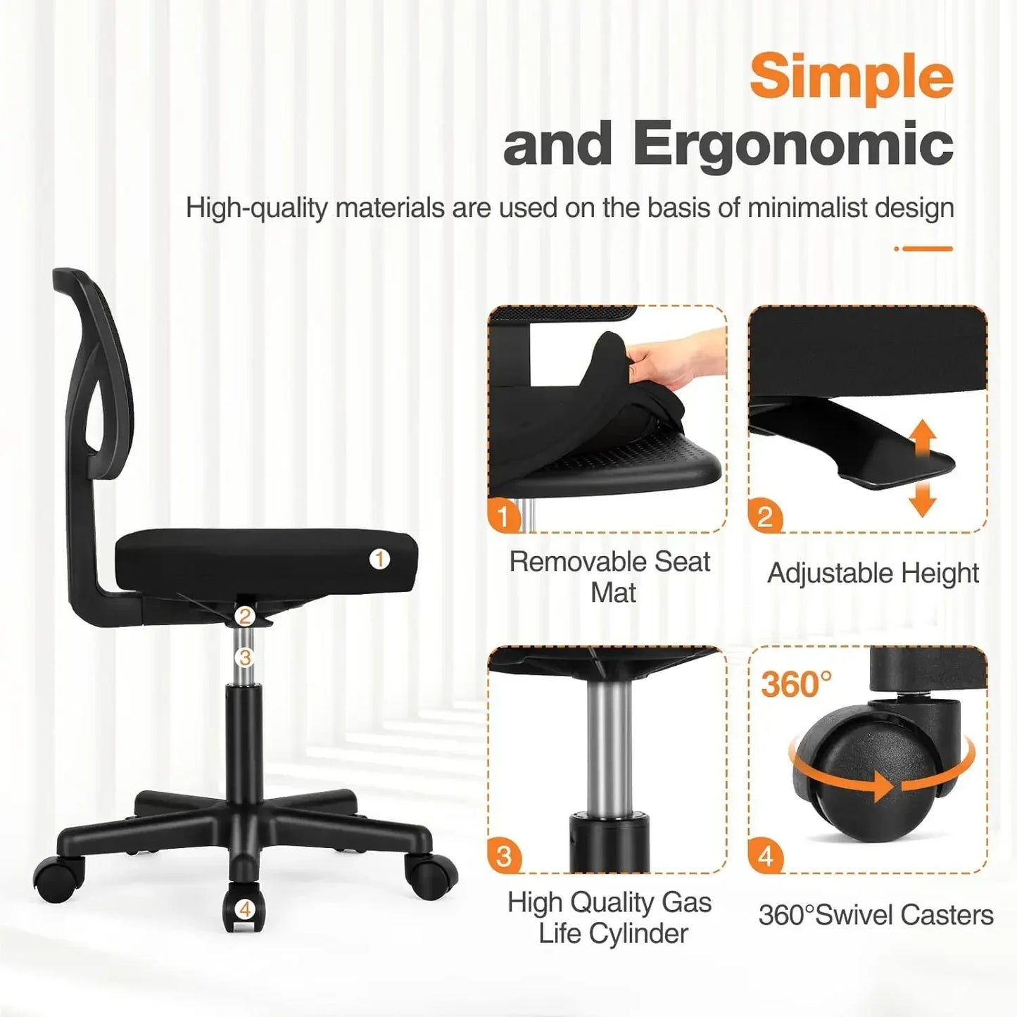 Ergonomic Low Back Computer Chair No Arms, Adjustable Rolling Mesh Swivel Chairs