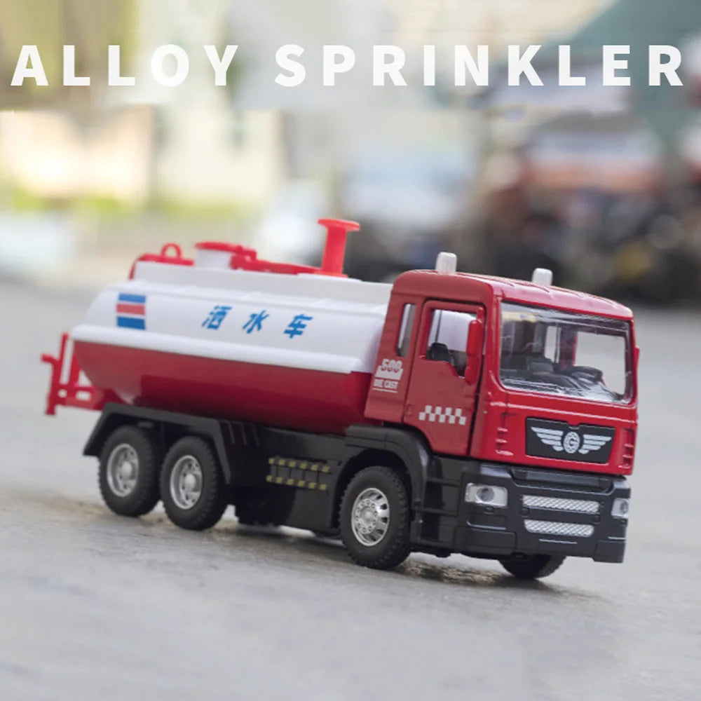 1/50 Sprinkler Truck Model Car Toy Alloy Diecast Engineering Vehicle Rubber Tire Sound Light Pull Back Toy Birthday Gift for Kid