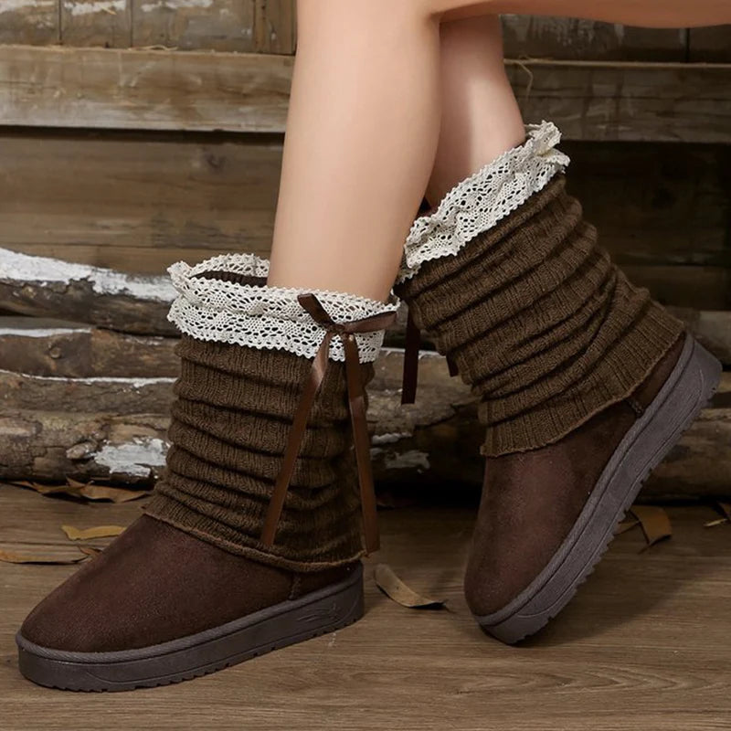 Sweet Lace Bowknot Snow Boots Women Faux Suede Knitted Snow Boots Woman Winter Platform Soft Soles Thick Warm Booties Female