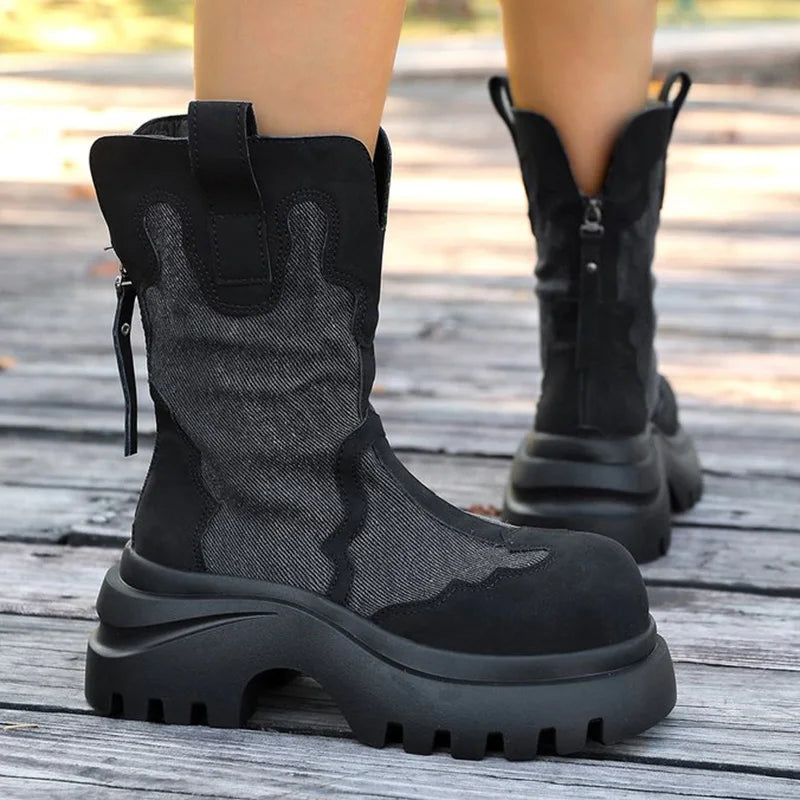 Retro Zipper Up Black Khaki Women's Boots Autumn Winter High Heel Platform Ankle Boots Woman Anti Slip Wedges Botas Mujer