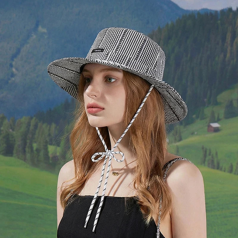 6149-Spring and Summer Women's Casual Fashion Striped Fisherman Hat for Beach Trips with Large Brim for Sun Protection