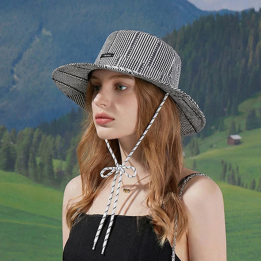 6149-Spring and Summer Women's Casual Fashion Striped Fisherman Hat for Beach Trips with Large Brim for Sun Protection