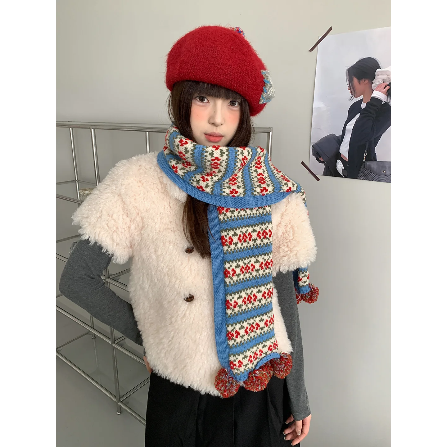 Retro Fair Lsle Christmas Jacquard Knit Scarf For Women Winter Aura Warmth Cold-Proof Neck Warmer