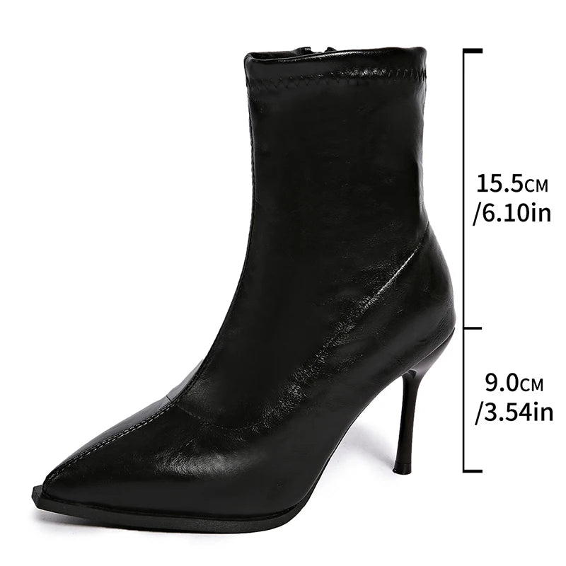 Sexy Stiletto High Heel Ankle Boots Women Plus Size 35-42 Pointed Toe Fashion Boots Woman Zip Pu Leather Short Booties Mujer