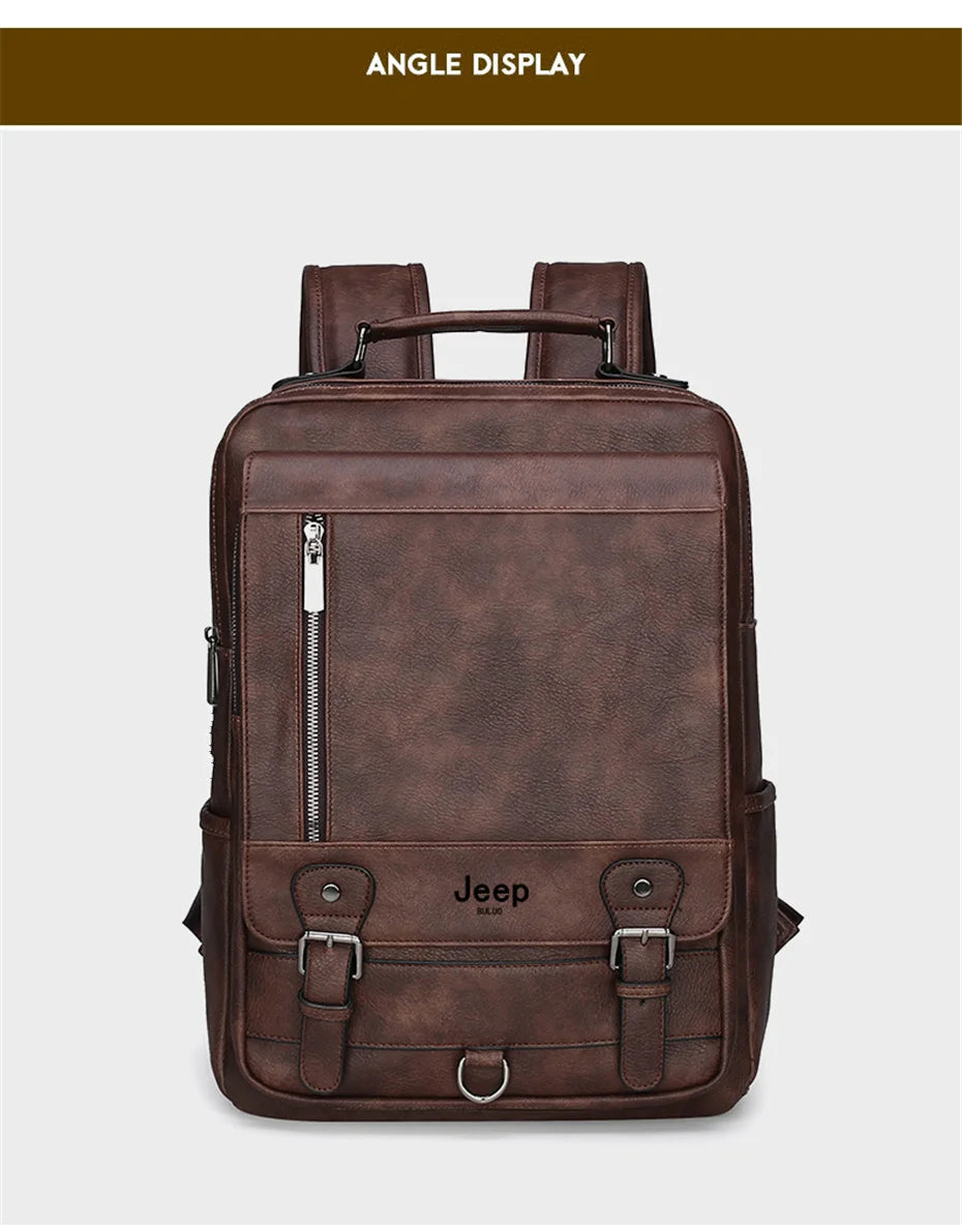 JEEP BULUO Leather Men Backpack Business 15.6" PC Bag Large Capacity Travel Bag