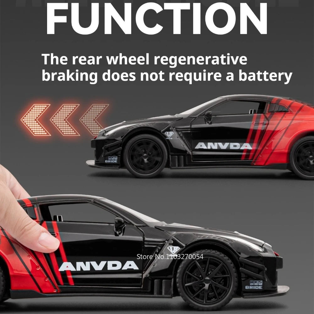 1:32 Scale GTR R50 Miniature Sports Car Alloy Diecast Model Toys Doors Opened with Sound Light Pull Back Vehices Children's Gift