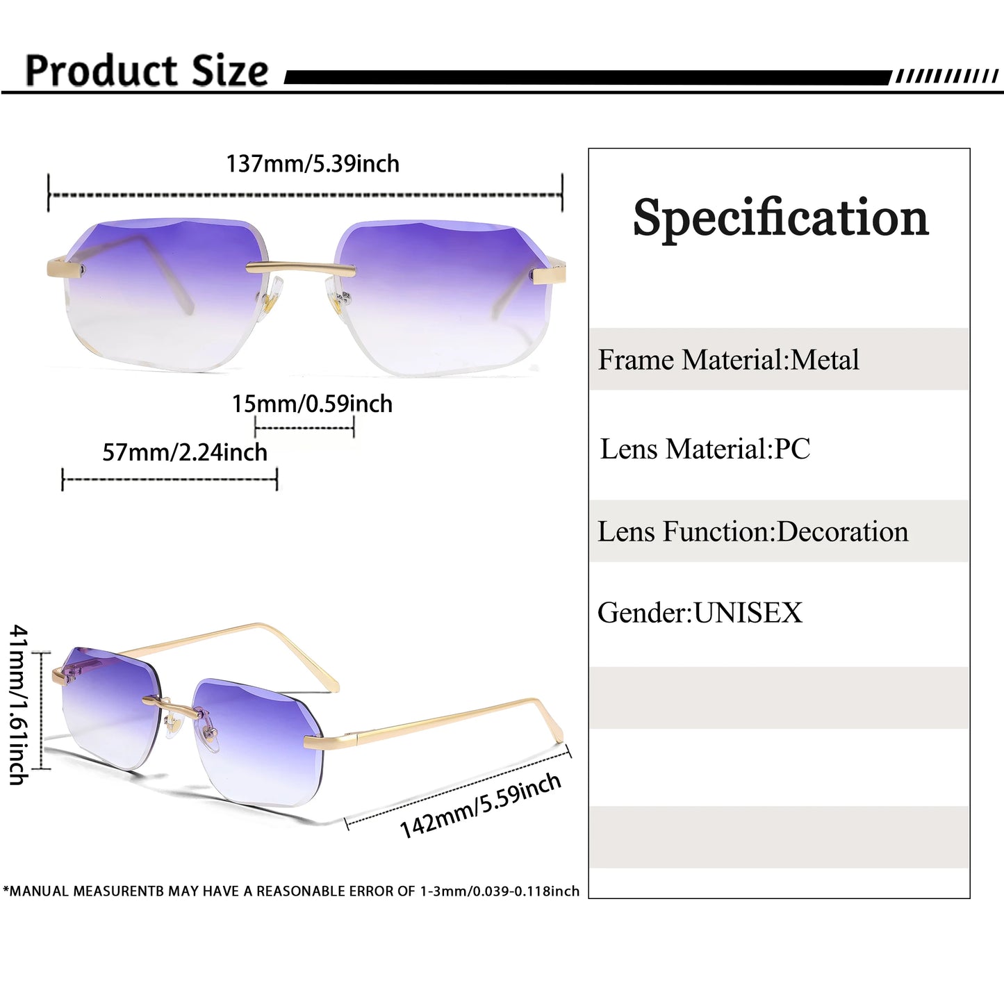 CATERSIDE Vintage Frameless Men's Sunglasses with Design Sense Lenses Metal Temple Sunglasses Women's Party Travel Sunglasses