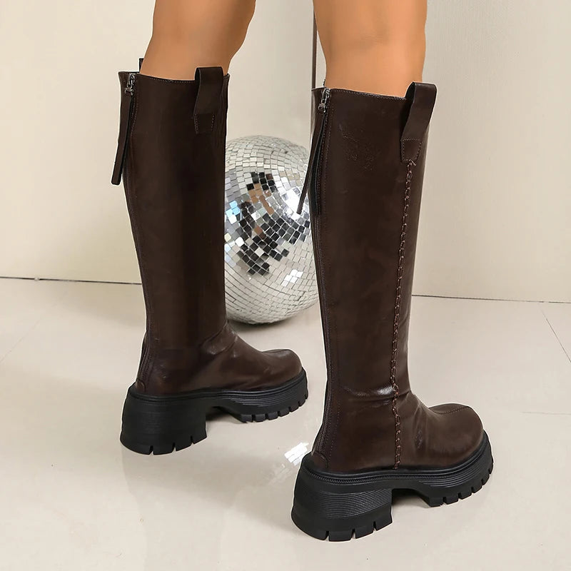 Pu Lrather Chunky Platform Knee High Boots Women Plus Size 42 Thick Bottom Motorcycle Boots Woman Back Zipper Punk Long Botas