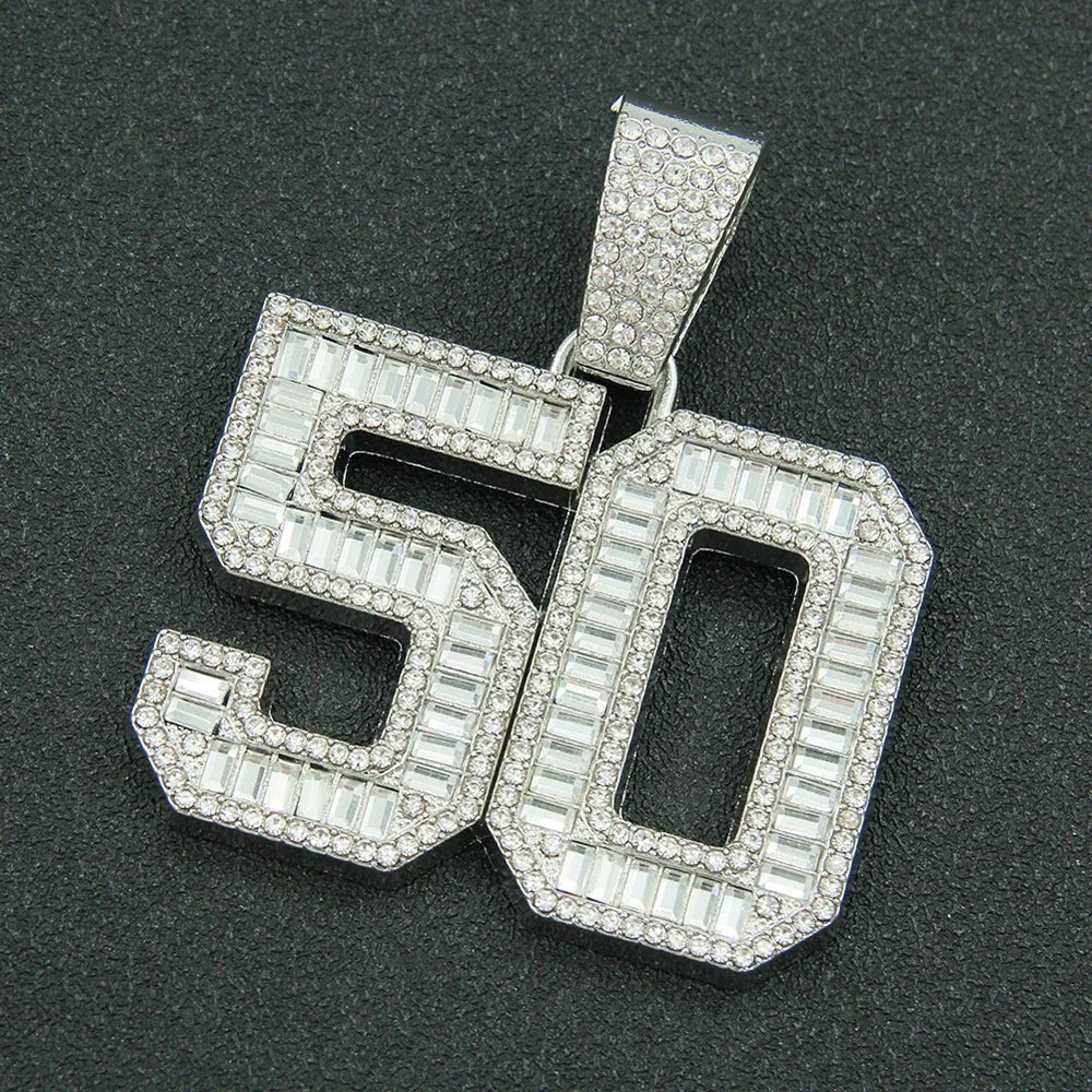 Men Women Hip Hop Number 50 Pendant Necklaces With 13mm Full Crystal Shiny Miami Cuban Chain Choker Fashion Charm Rapper Jewelry