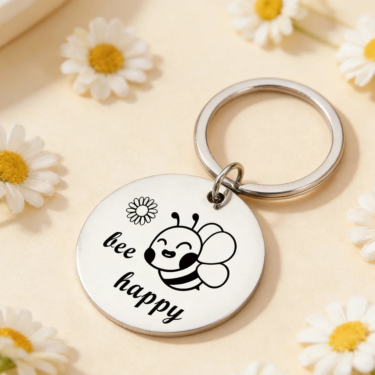 1Pc Happy Bee Keychain – Cute Smiling Bee and Flower Design, Round Metal Key Ring with Durable Clasp, Ideal as a Holiday Gift